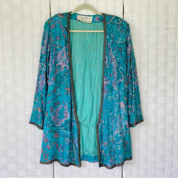 Lillie Rubin Sweaters - VTG Y2K Lillie Rubin Silk Jacket Open Front Aqua Blue Pink Sequin Beaded LARGE